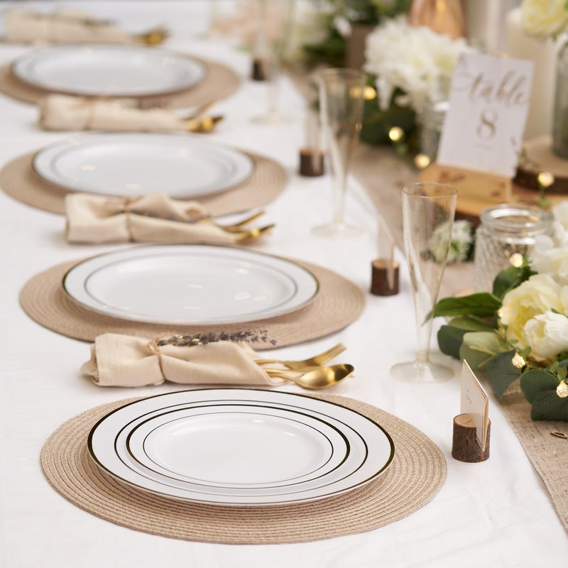 MATANA 60 Reusable or Disposable Plastic Plates Gold with White Gold Rim - 30 Dinner Plates 10.25", 30 Salad Dessert Appetizer Plates 7.5", Heavy Duty, Elegant, Premium for Parties, Wedding & Events - Image 2